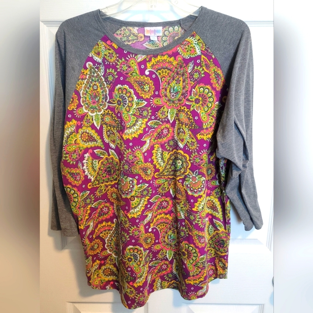 LuLaRoe Randy Gray and Pink Paisley 3/4 Sleeve Top Size 2xl
